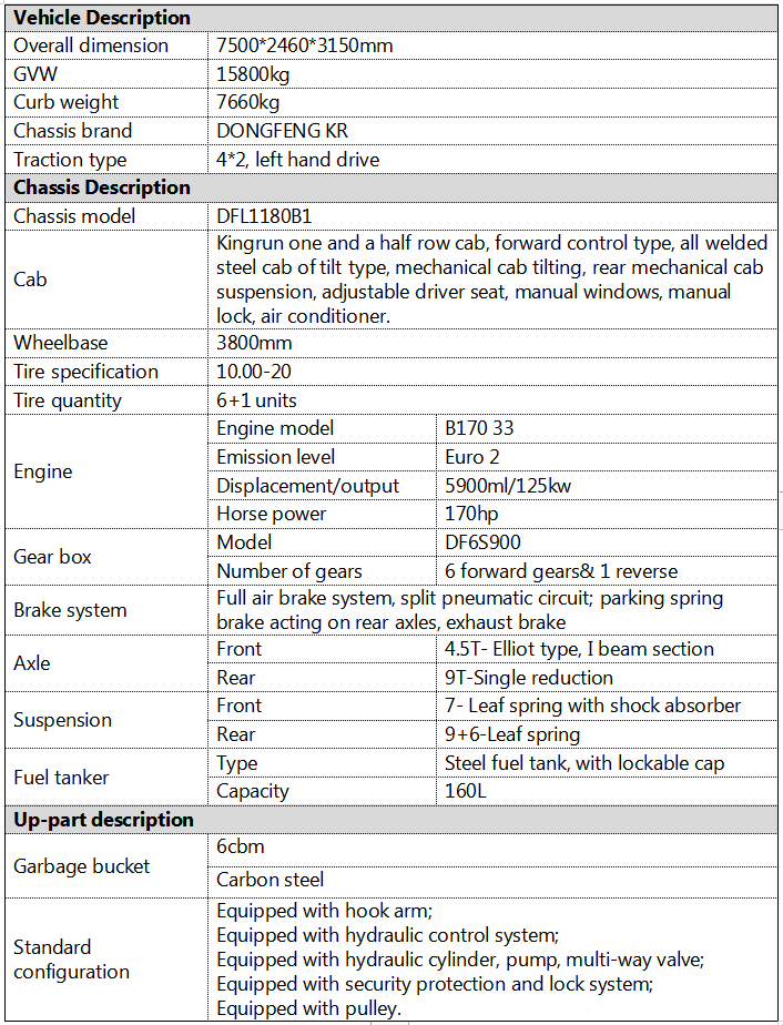 Dongfeng 12cbm Hook Arm Garbage Truck