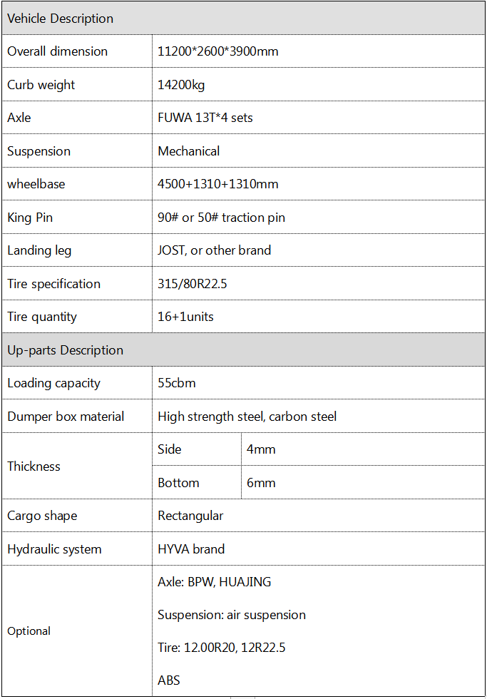 55cbm Dumper Semi Trailer Specification